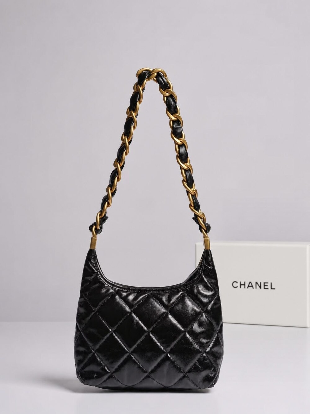 Chanel Shiny Black Calfskin Quilted Hobo with Gold Tone Hardware - Picture 6 of 14